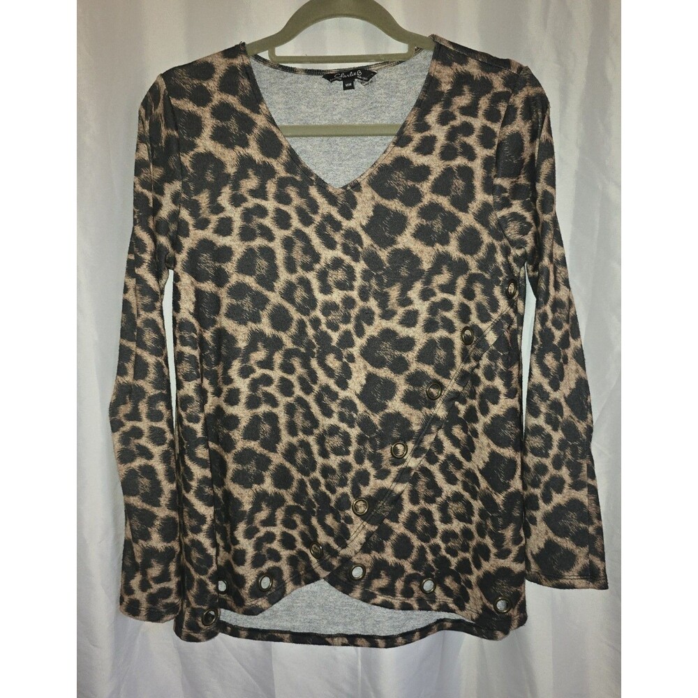 Charlie B Leopard Blouse Camel Spots Grommet Detail On Bottom, Bell Sleeves Med